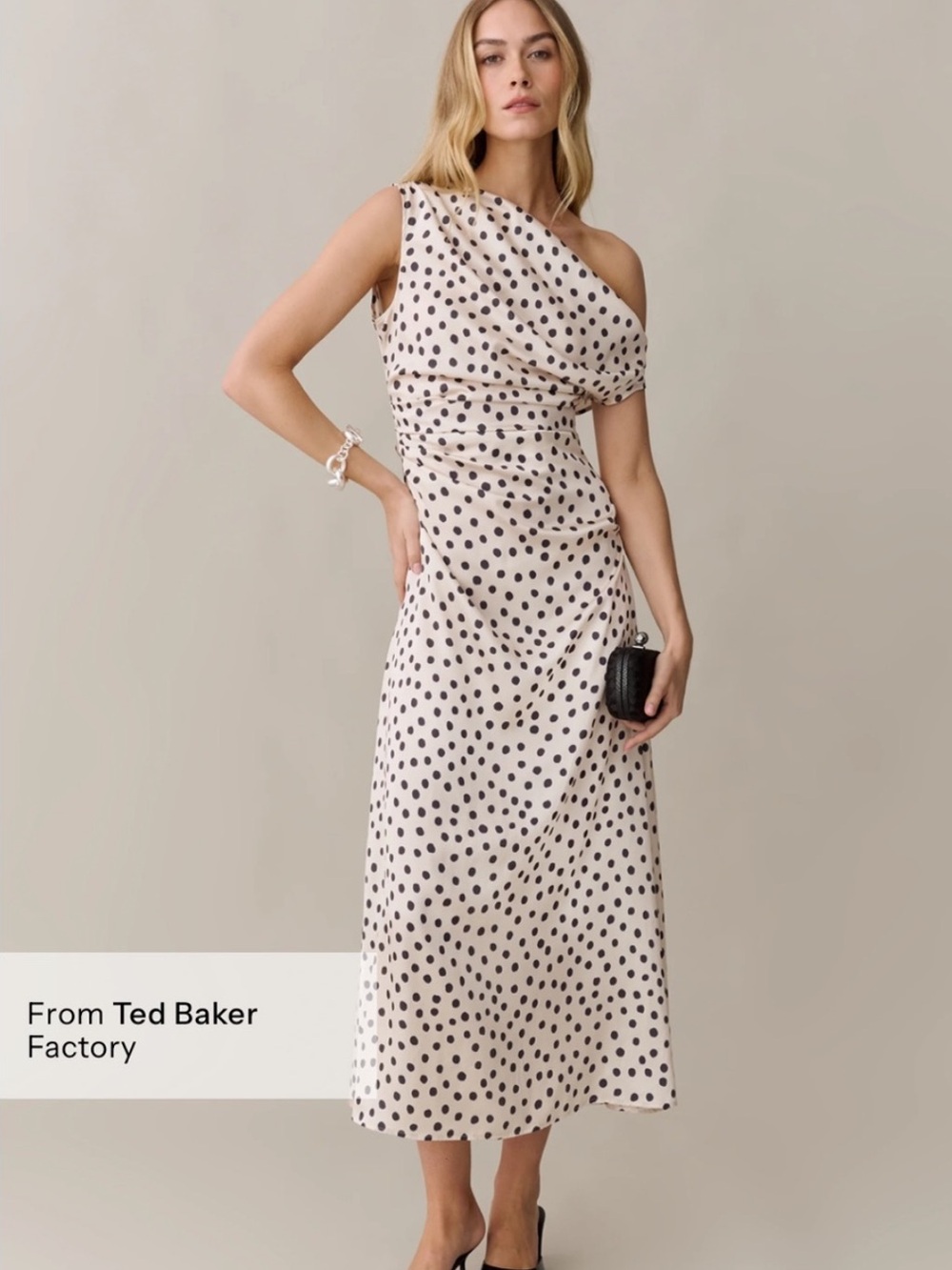 o.p.t. Verity Polka Dot Silky Draped Off Shoulder Maxi Dress Size 8 NEW Few Moda